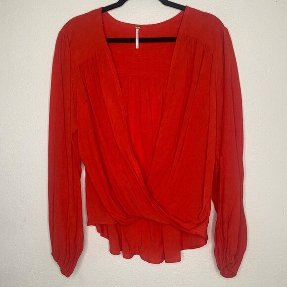 Free People Check On It Wrap Surplice Blouse Womens Size M Red Casual Boho - Picture 1 of 9
